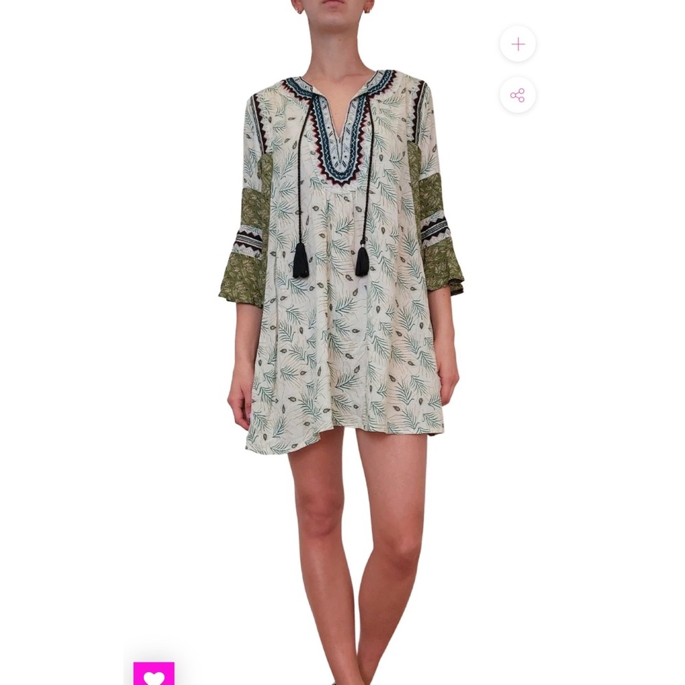 Rapsodia Ves Nazarovo Green Botanical Tassel Mini Dress Boho Bell Sleeve Sz L